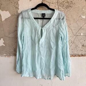 Eileen Fisher Aqua Linen Tunic Top Long Sleeve Keyhole Neck 100% Italian Fabric